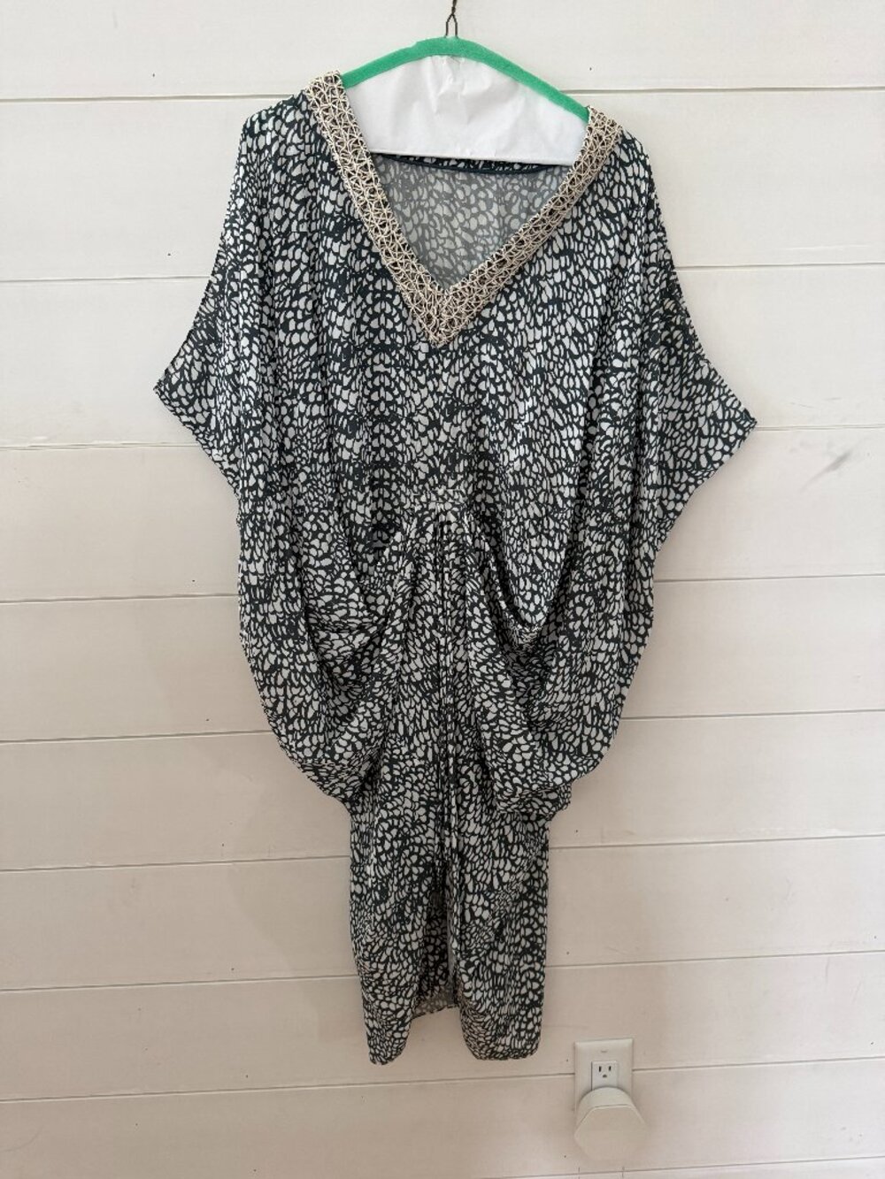 Boho silk dress by Anu with metallic/cording neck detail.  V-neck, sleeveless